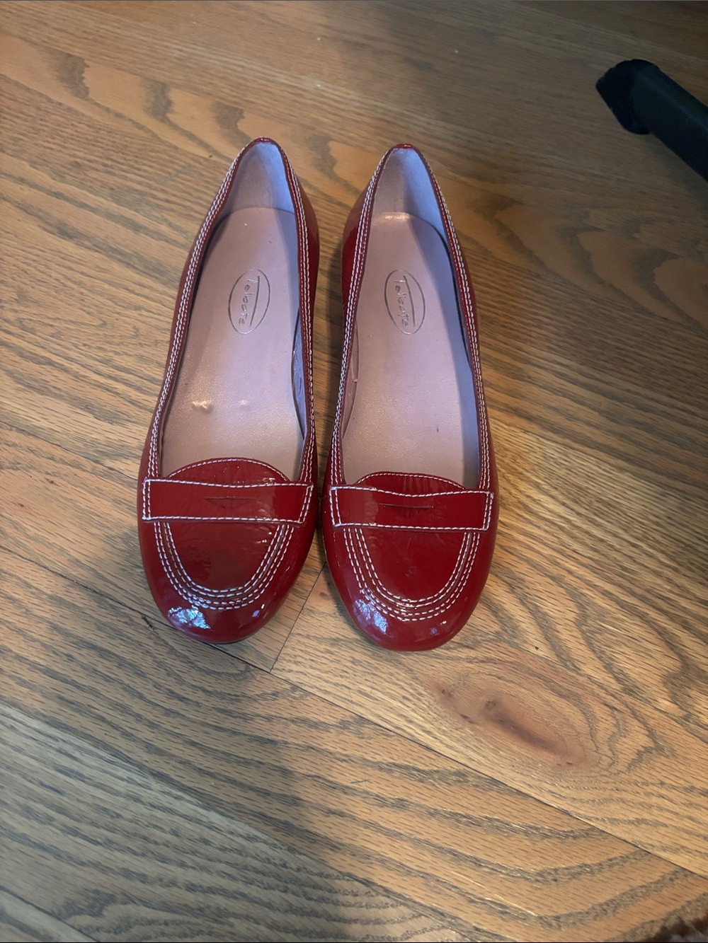 Talbots Red Patent Leather Loafers with White Contrast Stitching size is 7 1/2